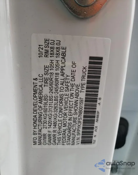 2022 Honda Ridgeline Rtl from USA, damaged, VIN 5FPYK3F57NB001597